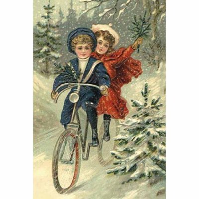 Vintage Christmas card Kids with Bicycle